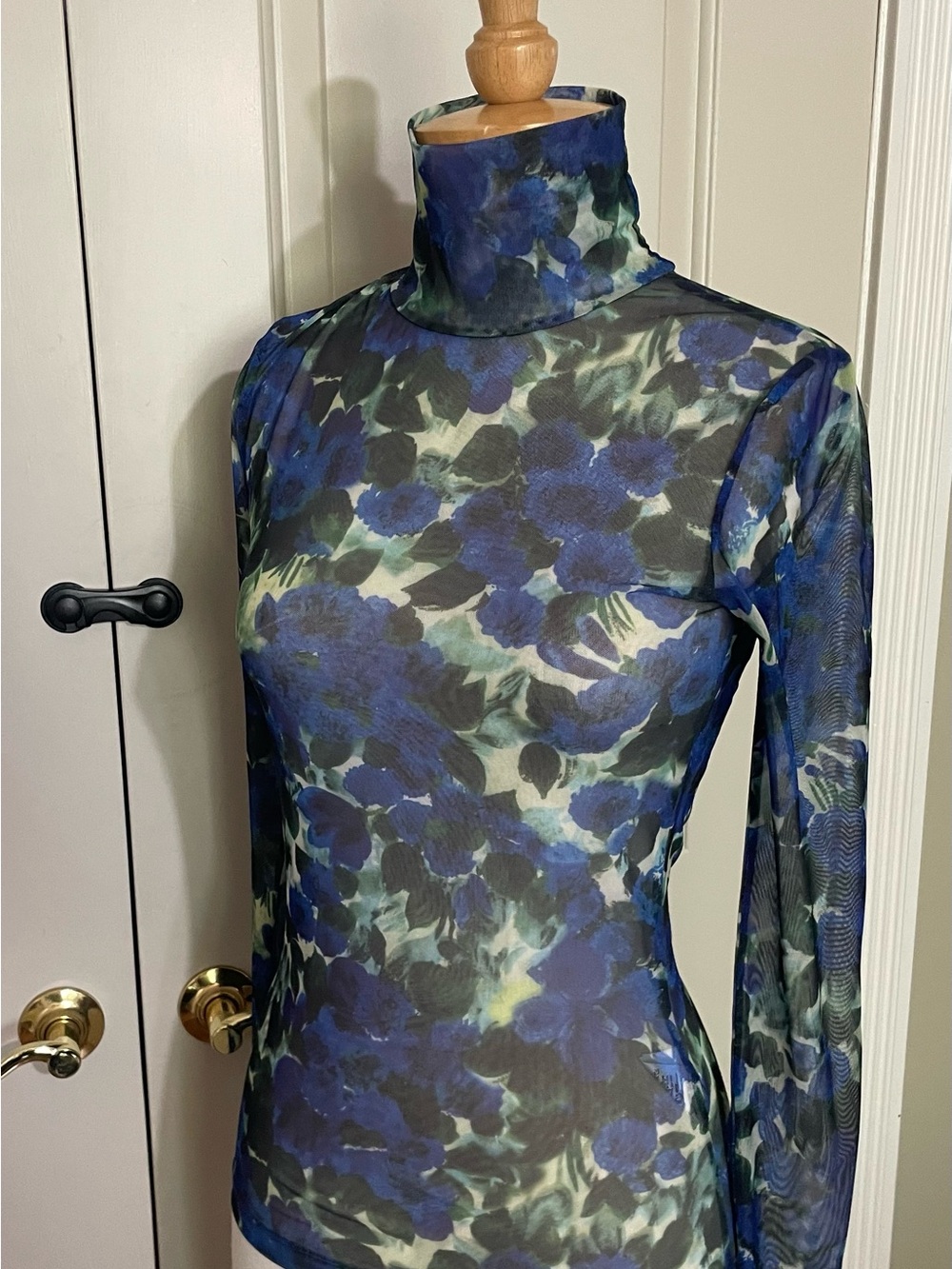 Dries Van Noten Blue Floral Sheer Turtleneck Long Sleeve Top